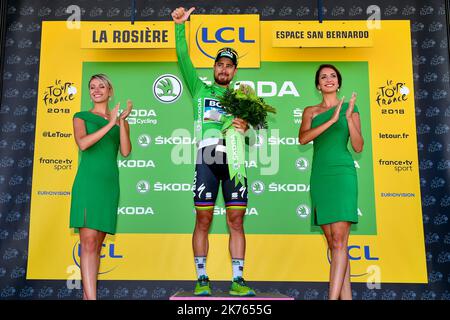 Peter Sagan UCI WorldTeam Bora-Hansgrohe jersey vert. Tour de France 2018 - étape 11 - Albertville à la Rosière Banque D'Images