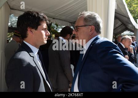 Junior ministre français de la cohésion territoriale Julien Denormandie et Richard Ferrand. Le président français Emmanuel Macron et Brigitte Macron assistent à une cérémonie nationale pour rendre hommage aux victimes du terrorisme. Paris, FRANCE-19/09/2018 POOL/Jacques Witt/MAXPPP *** Légende locale *** 00876002 Banque D'Images