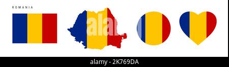 Ensemble d'icônes de drapeau de Roumanie. Fennant roumain dans les couleurs et les proportions officielles. Rectangulaire, en forme de carte, en forme de cercle et de coeur. Illustration vectorielle plate Illustration de Vecteur