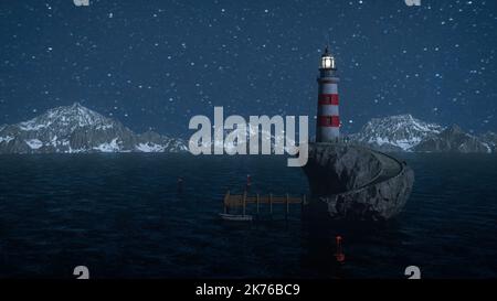 Phare sur une île de roche la nuit avec des montagnes couvertes de neige en arrière-plan et des étoiles dans le ciel. 3D rendu. Banque D'Images