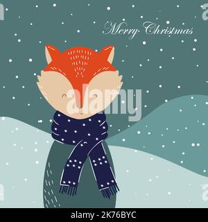 Carte de Noël avec un joli petit renard. Joli personnage. Affiche ou invitation. Illustration Doodle. Vecteur. Illustration de Vecteur
