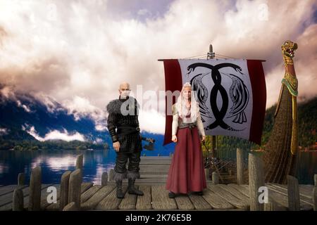 Homme et femme Viking debout sur un quai à bord d'un long bateau. 3D illustration. Banque D'Images