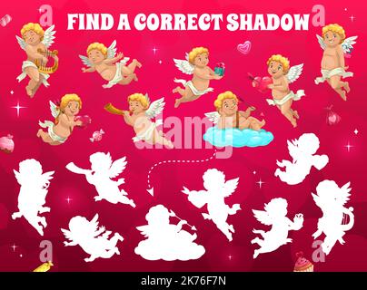 Trouvez l'ombre correcte de dessin animé cupid anges, feuille de calcul de jeu de puzzle vectoriel. Trouvez une silhouette d'ombre similaire ou une énigme de recherche avec une caricature amusante cupids de Saint-Valentin avec des flèches d'arc et des coeurs d'amour sur les nuages Illustration de Vecteur