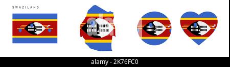 Ensemble d'icônes de drapeau du Swaziland. ESwatini pennant dans les couleurs et les proportions officielles. Rectangulaire, en forme de carte, en forme de cercle et de coeur. Illustration du vecteur plat Illustration de Vecteur