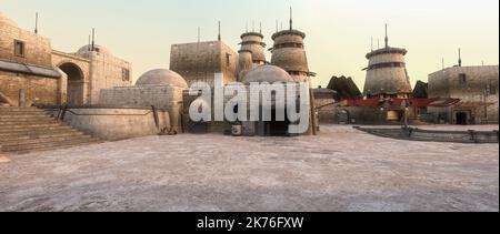 Illustration panoramique en 3D d'un avant-poste de science-fiction fantastique sur une planète extraterrestre éloignée dans le bord extérieur de la galaxie. Banque D'Images