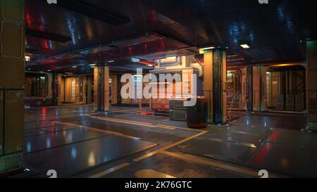Station spatiale de science-fiction atmosphérique sombre ou environnement intérieur de navire. 3D illustration Banque D'Images
