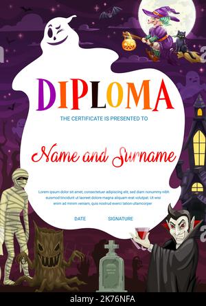 Diplôme pour enfants. Caricature Halloween personnages de momie, Dracula vampire, sorcière et chat volant sur un balai, fantôme, monstre de souche d'arbre sur cimetière. Éducation de l'enfant, certificat ou diplôme de vecteur d'Halloween Illustration de Vecteur