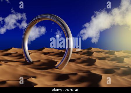 Abstrait futuriste Chrome Reflective Ring in a Desert - 3D illustration rendu Banque D'Images