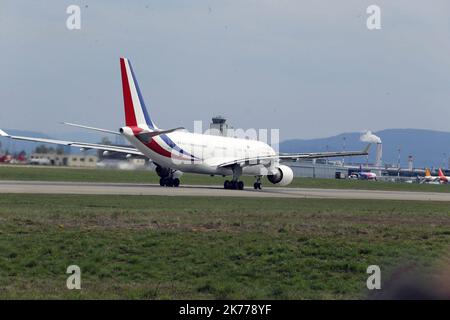 Blotzheim, France, avril 16th 2019 - vol d'essai de l'avion de la présidence française : de Paris à Metz, puis de Bâle Mulhouse et de retour à Villacoublay. Banque D'Images