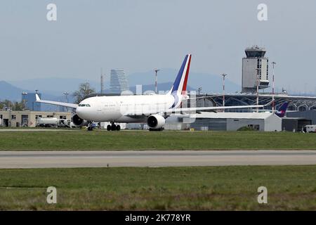 Blotzheim, France, avril 16th 2019 - vol d'essai de l'avion de la présidence française : de Paris à Metz, puis de Bâle Mulhouse et de retour à Villacoublay. Banque D'Images