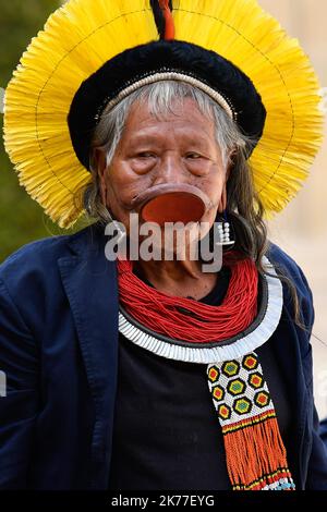 Emmanuel Macron reçoit le Cacique Raoni Metuktyre, Grand chef du peuple Kayapo au Palais de l'Elysée, à Paris Banque D'Images