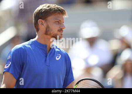 David Goffin de Belgique réagit lors de son match de troisième tour de mens Singles contre Rafael Nadal d'Espagne pendant le sixième jour de l'Open de France 2019 à Roland Garros à Paris, France.- Roland Garros 2019 - Open de France du 20 mai au 9 juin 2019. Banque D'Images