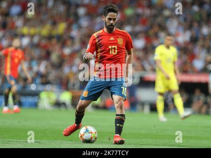 Isco d'Espagne lors du match de football du Groupe F de qualification de l'UEFA Euro 2020 entre l'Espagne et la Suède sur 10 juin 2019 au stade Santiago Bernabeu à Madrid, Espagne - photo Laurent Lairys / MAXPPP Banque D'Images