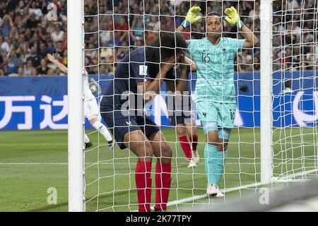 ©ERIC BALEDENT/MAXPPP - coupe du monde - Equipe de France féminine vs Equipe de Norvège féminine - 12/06/2019 2019, phase finale - (c) 2019 Baledent/Maxppp Wendie Thérèse Renard (France, détente, club : Olympique Lyonnais) se tient la tête entre les mains après son mais contre son camp (cdc) et Sarah Bouhadi (France, gardienne de but, club : Olympique Lyonnais) en arrière plan Banque D'Images