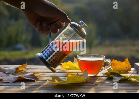 Verser le thé dans une tasse sur le fond du coucher de soleil, avec des feuilles jaunes d'automne. Banque D'Images