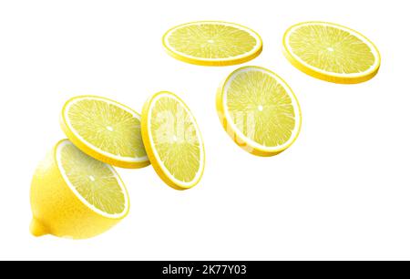 Demi citron et tranches de citron volantes isolées sur fond blanc. Illustration vectorielle réaliste 3D pour la publicité de vos produits Illustration de Vecteur