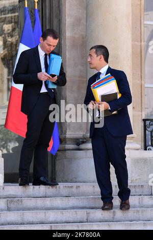 Olivier Dussopt, secrétaire d'État au ministre d'action et des comptes publics et Gerald Darmanin, ministre d'action et des comptes publics du Conseil des ministres du 03 juillet 2019 Banque D'Images