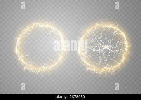 Éclairs de balle sur un fond transparent. Illustration vectorielle, éclair électrique abstrait de couleur or. Flash, tonnerre, étincelle. Illustration de Vecteur