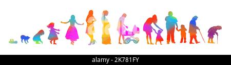 Vecteur modifiable silhouettes colorées de différentes étapes de la vie d'une femme . Illustration vectorielle Illustration de Vecteur