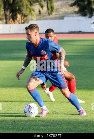 Match amical entre Sunderland AFC ( Angleterre ) en bleu et SL Benfica B ( Portugal ) en Rouge - le 18 juillet 2019 - A Albufeira - photo : THIERRY THOREL / LA VOIX DU NORD - 2019/07/18. Match de football amical Sunderland / Benfica. Banque D'Images