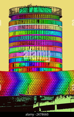 Centre-ville de Birmingham dans des couleurs vives et vives, une série d'œuvres d'art numérique inspirées par la communauté colorée et diversifiée de Birmingham Banque D'Images