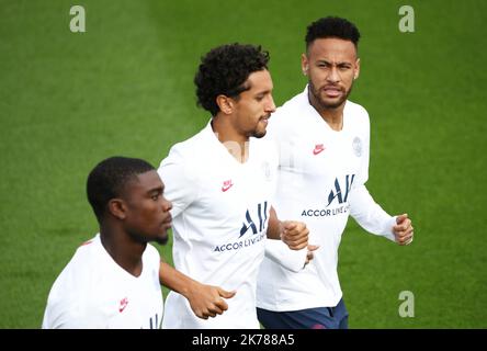 MARQUINHOS , NEYMAR JR 17/09/2019 football / Paris à l'entraînement avant son match de ligue de champions contre -Real-Madrid Banque D'Images