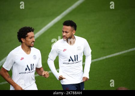 MARQUINHOS , NEYMAR JR 17/09/2019 football / Paris à l'entraînement avant son match de ligue de champions contre -Real-Madrid Banque D'Images