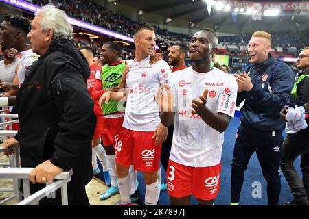 7th jour de la Ligue 1 Conforama. Joie des joueurs du stade de Reims après leur victoire de 2-0 contre Paris Saint Germain (PSG), au Parc des Princes, sur 25 septembre 2019. Banque D'Images