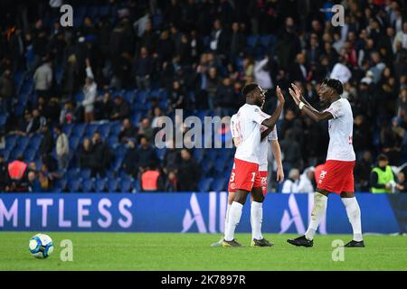 7th jour de la Ligue 1 Conforama. Joie des joueurs du Stade de Reims pendant le match de Paris Saint Germain (PSG) contre le Stade de Reims, au Parc des Princes, sur 25 septembre 2019. Banque D'Images