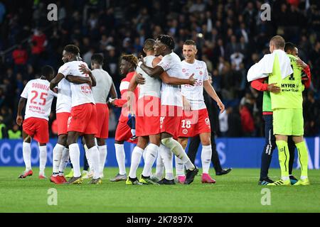 7th jour de la Ligue 1 Conforama. Joie des joueurs du Stade de Reims pendant le match de Paris Saint Germain (PSG) contre le Stade de Reims, au Parc des Princes, sur 25 septembre 2019. Banque D'Images