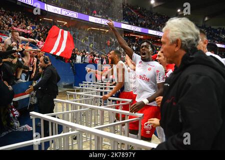 7th jour de la Ligue 1 Conforama. Joie des joueurs du stade de Reims après leur victoire de 2-0 contre Paris Saint Germain (PSG), au Parc des Princes, sur 25 septembre 2019. Banque D'Images