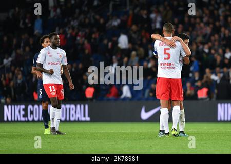 7th jour de la Ligue 1 Conforama. Joie des joueurs du Stade de Reims pendant le match de Paris Saint Germain (PSG) contre le Stade de Reims, au Parc des Princes, sur 25 septembre 2019. Banque D'Images