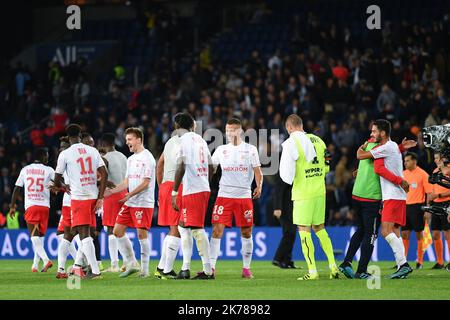 7th jour de la Ligue 1 Conforama. Joie des joueurs du Stade de Reims pendant le match de Paris Saint Germain (PSG) contre le Stade de Reims, au Parc des Princes, sur 25 septembre 2019. Banque D'Images