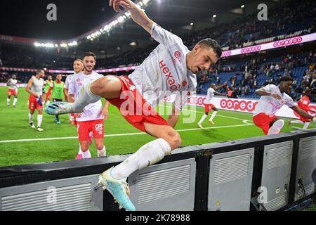 7th jour de la Ligue 1 Conforama. Joie des joueurs du stade de Reims après leur victoire de 2-0 contre Paris Saint Germain (PSG), au Parc des Princes, sur 25 septembre 2019. Banque D'Images