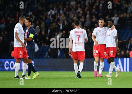 7th jour de la Ligue 1 Conforama. Joie des joueurs du Stade de Reims pendant le match de Paris Saint Germain (PSG) contre le Stade de Reims, au Parc des Princes, sur 25 septembre 2019. Banque D'Images