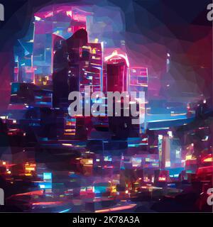 Ville fantastique la nuit. Des lumières colorées baignent les silhouettes des gratte-ciel dans des couleurs gaies. Les voitures laissent des traces de lumière. Vecteur en poly-Art. Faible Illustration de Vecteur