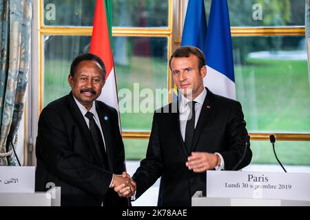 Abdalla Hamdok, premier ministre de transition de la République du Soudan, Emmanuel Macron, président de la République française Paris 30/09/2019 POOL/Romain GAILLARD/MAXPPP - Macron accueille le nouveau Premier ministre soudanais Abdalla Hamdok septembre 30 2019 Banque D'Images