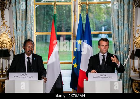 Abdalla Hamdok, premier ministre de transition de la République du Soudan, Emmanuel Macron, président de la République française Paris 30/09/2019 POOL/Romain GAILLARD/MAXPPP - Macron accueille le nouveau Premier ministre soudanais Abdalla Hamdok septembre 30 2019 Banque D'Images