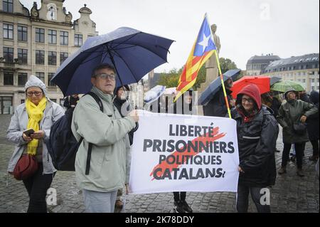 Ce dimanche, une centaine de personnes de la communauté catalane à Bruxelles et leurs partisans, ont organisé une marche en faveur du catalan et ont dénoncé la gestion de cette question par le gouvernement central espagnol. L'arrivée n'était pas loin de la Grand place de Bruxelles. Banque D'Images