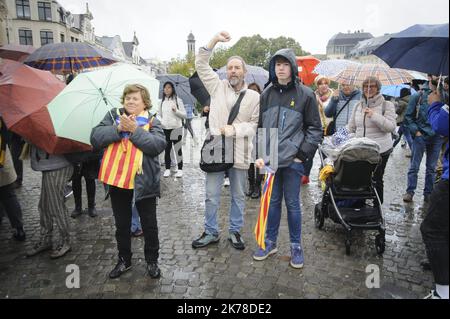 Ce dimanche, une centaine de personnes de la communauté catalane à Bruxelles et leurs partisans, ont organisé une marche en faveur du catalan et ont dénoncé la gestion de cette question par le gouvernement central espagnol. L'arrivée n'était pas loin de la Grand place de Bruxelles. Banque D'Images