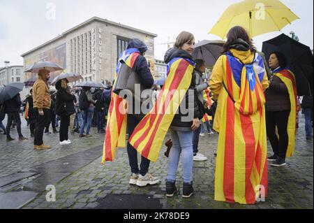 Ce dimanche, une centaine de personnes de la communauté catalane à Bruxelles et leurs partisans, ont organisé une marche en faveur du catalan et ont dénoncé la gestion de cette question par le gouvernement central espagnol. L'arrivée n'était pas loin de la Grand place de Bruxelles. Banque D'Images