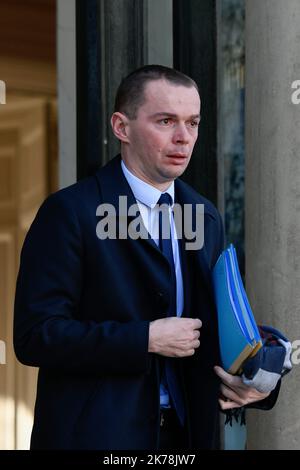 Olivier Dussopt, Secrétaire d'État au Ministre d'action et des comptes publics à la sortie du Conseil des ministres le 20 novembre 2019 Banque D'Images