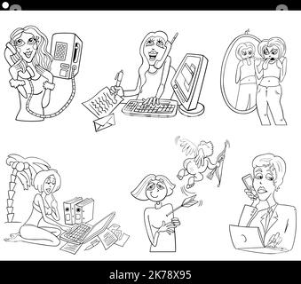 Dessin animé noir et blanc illustration de femmes drôles personnages bande dessinée ensemble de coloriage page Illustration de Vecteur