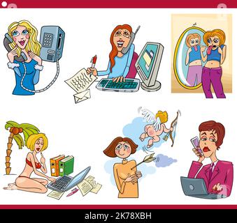 Dessin animé illustration de femmes drôle de personnages de bande dessinée ensemble Illustration de Vecteur