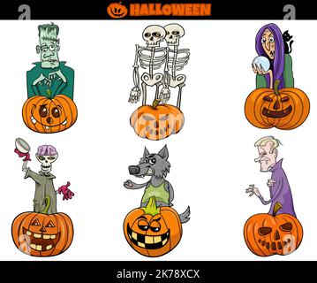 Illustration de personnages effrayants d'Halloween avec citrouilles ou Jack'o'lanternes Illustration de Vecteur