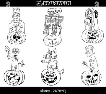 Dessin animé noir et blanc illustrant des personnages effrayants d'Halloween avec des citrouilles ou une page de coloriage Jack'o'lanternes Illustration de Vecteur