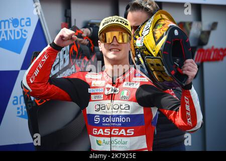 Phillip Island circuit, Melbourne, Australie. 16 octobre 2022. Izan Guevara remporte le Championnat du monde moto 3 après un combat à quatre voies pour le titre. Banque D'Images