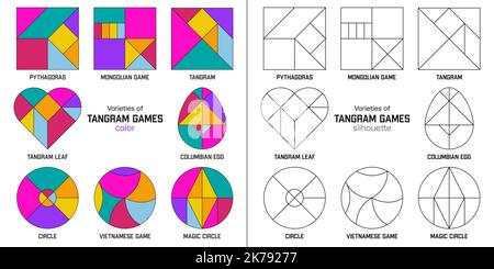 Ensemble de variétés du jeu de puzzle Tangram. Illustration de Vecteur