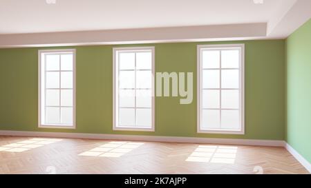 Intérieur ensoleillé avec murs verts, trois grandes fenêtres, parquet brillant à chevrons clair et un Plinth blanc. Magnifique concept de la chambre vide. Banque D'Images