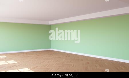 Coin de la salle ensoleillée avec murs vert clair, un plafond blanc et Cornice, parquet brillant à chevrons, et un Plinth blanc. Inter non meublé Banque D'Images